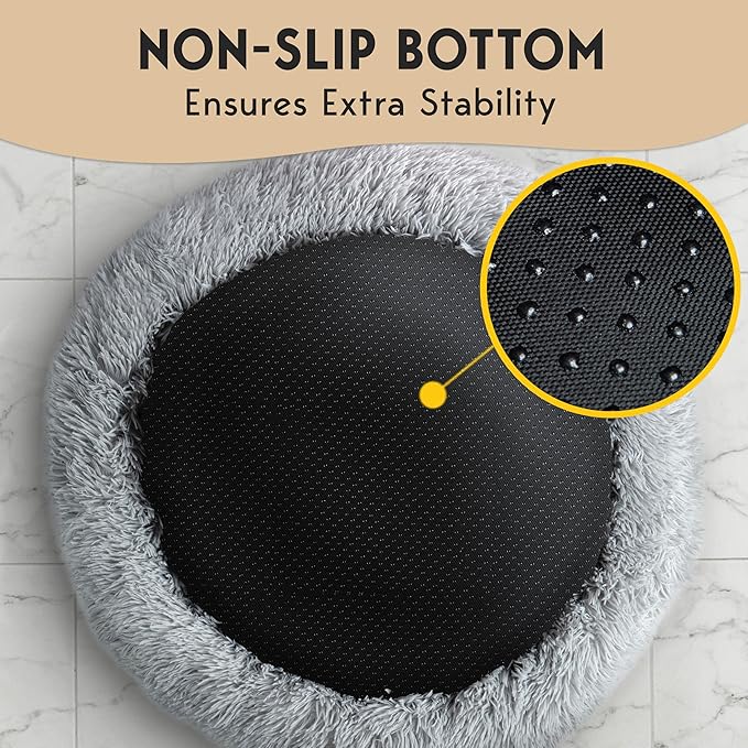 PetJett Dog Beds Large Sized Dog - 36'' Calming Round Bed, Washable Dog Bed - Anti-Slip Super Soft Donut Bed, Fluffy Faux Fur Anti-Anxiety Premium Comfort Pet Bed, Fits Dogs up to 80 lbs - Bright Grey