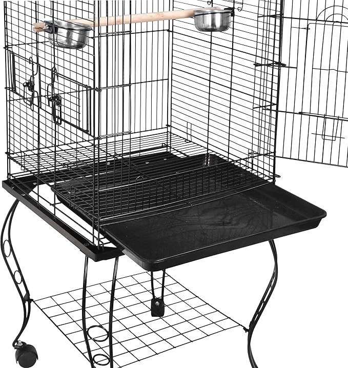 SUPER DEAL 64'' Rolling Bird Cage Large Wrought Iron Cage for Cockatiel Sun Conure Parakeet Finch Budgie Lovebird Canary Medium Pet House with Rolling Stand & Storage Shelf