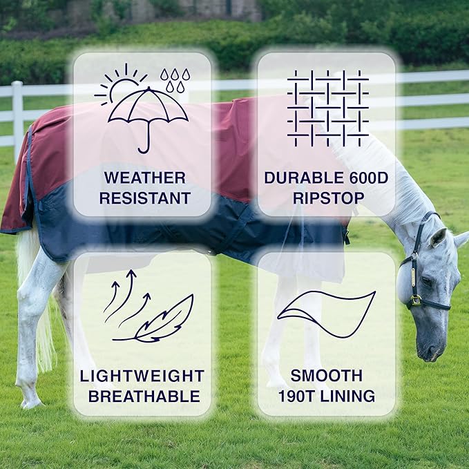 Horse Turnout Rain Sheet | 600 Denier Ripstop Turnout Blanket No Fill (0g) | Waterproof Lightweight Breathable | Tear-Resistant Outer & Rub-Free Silky Inner | Burgundy/Navy - 80 in