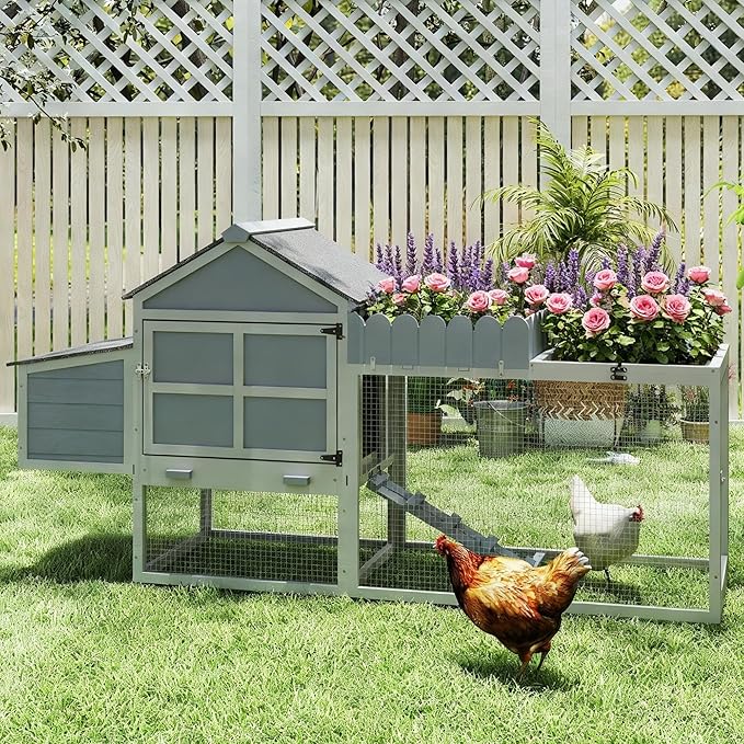 COZIWOW Outdoor Chicken Coop, Wooden Hen House with Nesting Box, Run, Resting Room, Ramp, Pull-Out Tray, Weatherproof, Patio Garden Pen Hutch for Ducks Poultry Pets, Easy to Clean, Gray (Plant Fence)