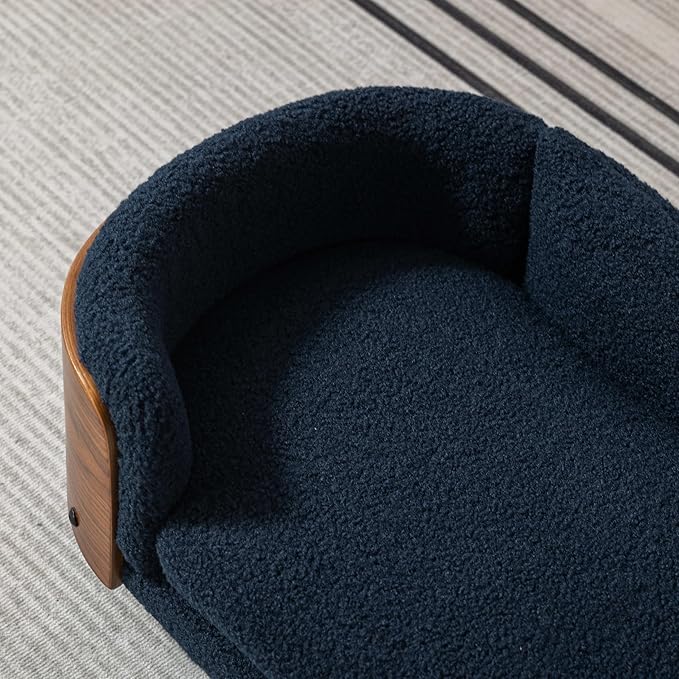 Elevated Dog Bed Pet Sofa with Solid Wood Legs and Bent Soft Backrest, Pet Cat Stool Bed with Velvet Cushion,for Small and Medium Size Dogs Kitten, Blue, Small Size