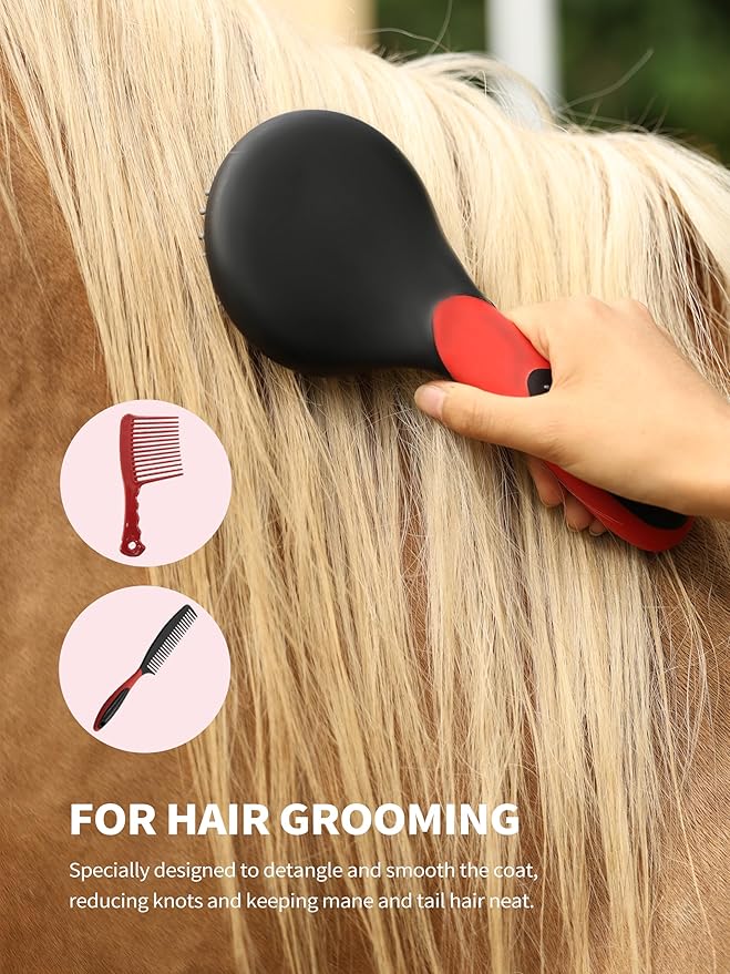 Harrison Howard Horse Grooming Kit, 9-Piece Complete Grooming Tools Set with Non-Slip Silicone Grip for Daily Horse Care, Bathing & Shedding Red