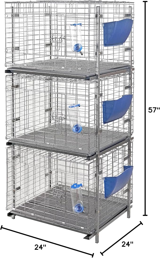 Stackable Rabbit Cage with Feeder and Water Bottle, 24 x 24 x 16 inches, Guinea Pig Ferret Bunny Hutch (3)