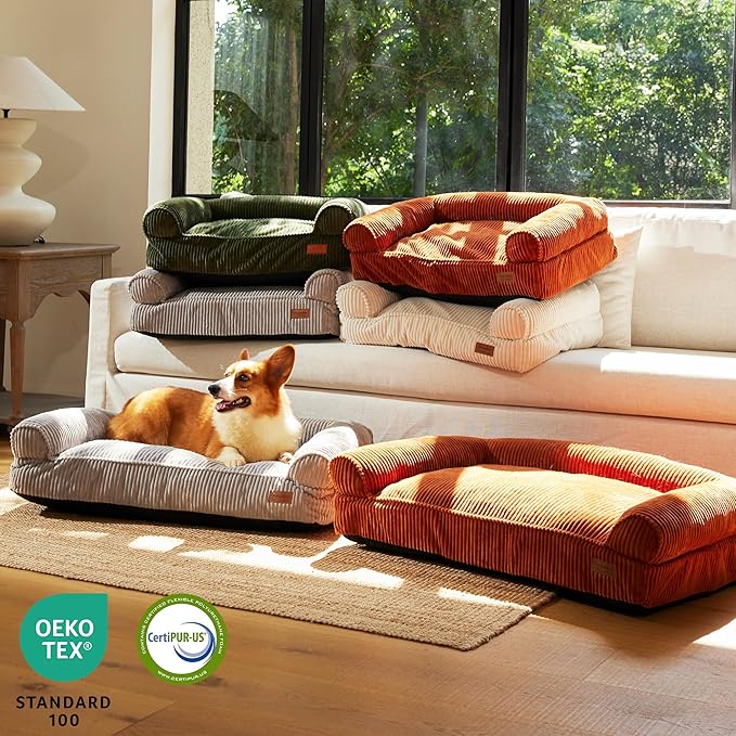 FUKUMARU Cute Dog Bed, Thickened Orthopedic Dogs Couch, 36in Egg Crate Foam Pet Sofa for Medium to Large Dogs, Waterproof Warm Corduroy Pet Bed with Washable Cover, Dark Grey