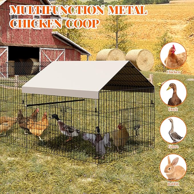 Metal Chicken Coop, Chicken Run for Yard with Cover, Outdoor Metal Chicken Cage with 4 Door and 1 Window for Outside Duck Rabbit Hen, 86"×40"×40"