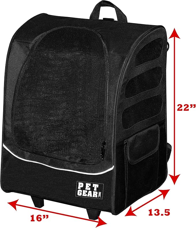 Pet Gear I-GO2 Pus Traveler Roller Backpack, Travel Carrier, Car Seat for Cats/Dogs, Mesh Ventilation, Included Tether, Telescoping Handle, Storage Pouch, Black