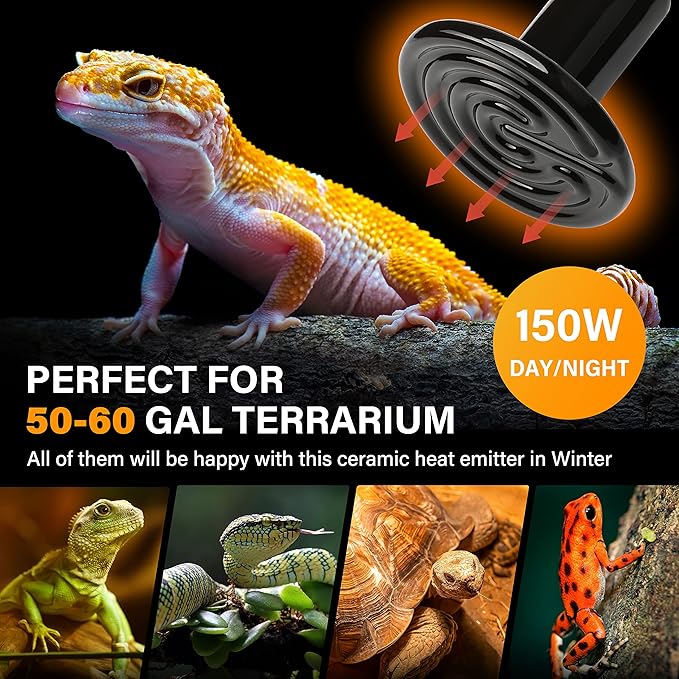 HealSmart Reptile Heat Lamp Bulb Ceramic Heat Emitter 150W No Light Emitting Brooder Coop Heater for Amphibian Pet & Incubating Chicken, Black (Pack of 4)