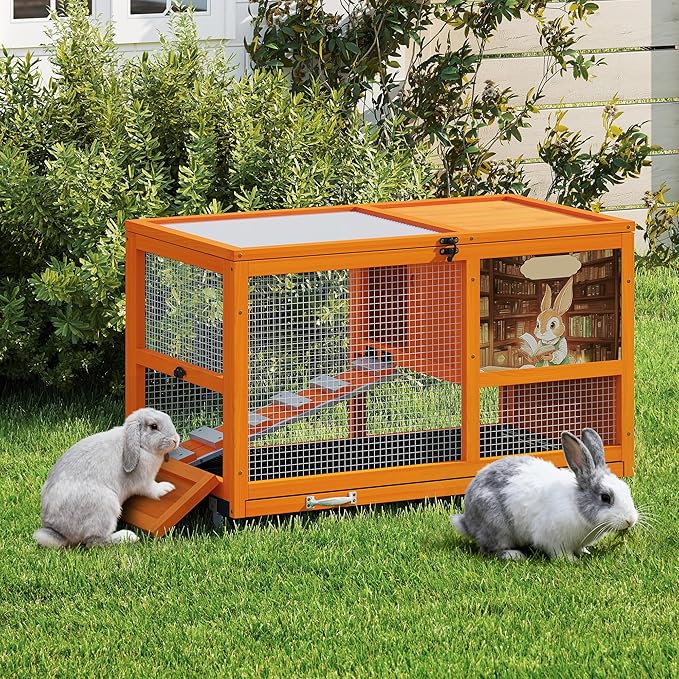 COZIWOW 36.5-Inch Double-Decker Wooden Rabbit Hutch with Wheels, Featuring A Cleaning Tray and Ladder—Stylish and Easy to Assemble(Orange and Pattern)
