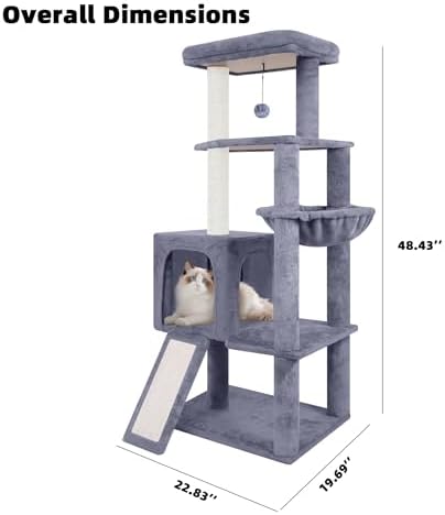 TWDEPART 55" All-in-One Cat Tree Tower with Scratching Board & Posts Cozy Sleeping Perch Hammock and Toy Balls,Grey - Image 2