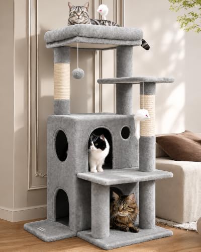 Globlazer Cat Tree Tower for Indoor Cats, 50-inch Adult Cat Tree House for Large Adult Cats with Steps, Scratching Post, 2 Cat Caves, Dangling Toys, FC50, Light Grey by Globlazer
