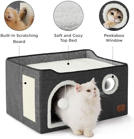 Bedsure Extra Wide Cat House Bed with Fluffy Ball and Scratch Pad - Image 5