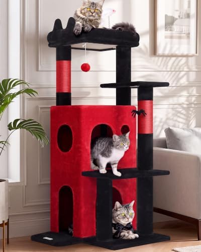 Globlazer Gothic Cat Tree Tower for Indoor Cats, 50-inch Goth Adult Cat Tree House for Large Adult Cats with Steps, Scratching Post, 2 Cat Caves, Dangling Toys, FC50, Blood-Goth by Globlazer