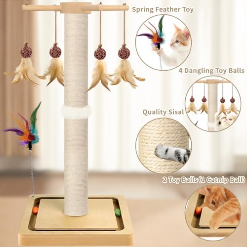 Tall Cat Scratching Post, 33 Inch Sisal Scratcher with Toys for Large Cats - Image 2