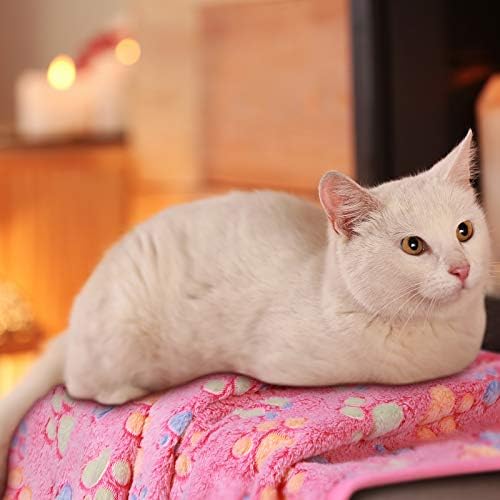 Tatuo 4 Pcs Dog Blanket for Pet Cat Blankets Indoor Puppy Teething Stuff Toys Paw Print Fleece Blanket Warm Sleep Mat for Guinea Pig Cage(White, Coffee, Pink, Purple,Medium(30 x 20.5 Inch),Square)