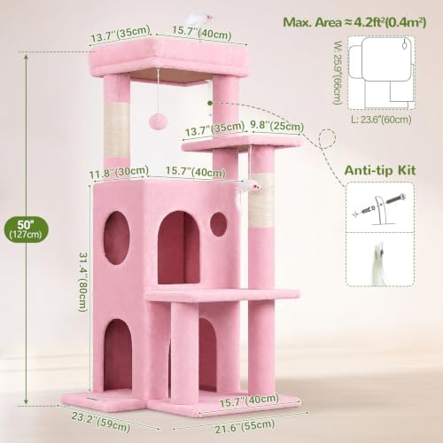 Globlazer Cat Tree Tower for Indoor Cats, 50-inch Adult Cat Tree House for Large Adult Cats with Steps, Scratching Post, 2 Cat Caves, Dangling Toys, FC50, Pink - Image 5