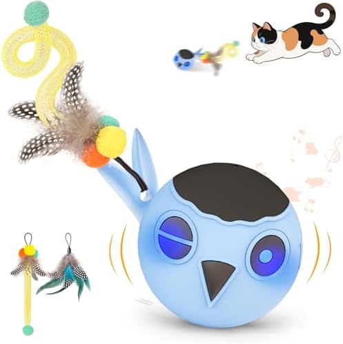 Cat Ball Toy, Upgraded Smart Motion Sensor Moving Ball with 3 Speed Modes & 4 Sounds, Interactive Toy for Indoor Cats, Motion Activated, Chirping Light, 2 Feather Tails(Blue) by KIWILOVE