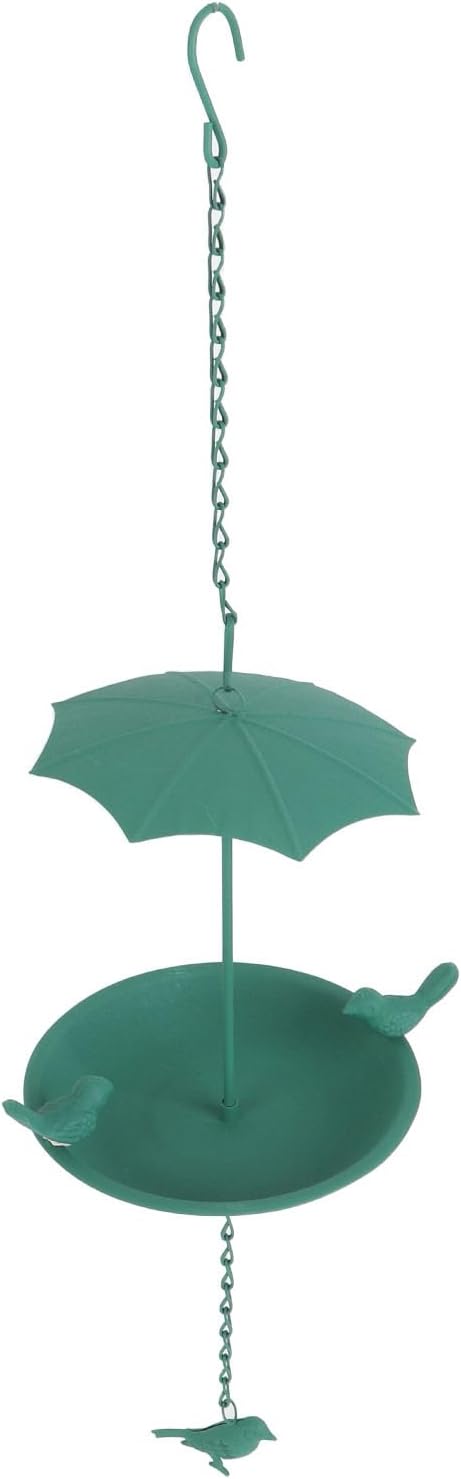Hanging Bird Feeder, Metal Large Capacity Hanging Bath Tray Bird Water Feeder with Umbrella Top for Outdoor Garden Patio(Green)