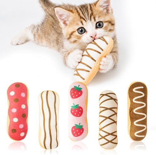 MALLMALL6 Eclair Catnip Toys for Cat - 5Pcs Chocolate Strawberry Dessert Catmint Interactive Toy Gift for Indoor Kitty, Biting Chew Kick Cats Supplies, Soft French Pastry Pet Present for Kitten Lover by MALLMALL6
