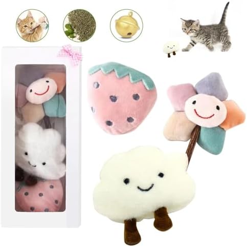 Kitten Chew Toys for Teething with Catnip ?€? 3Pcs Bite Resistant Plush Cat Toys (Strawberry, Cloud Bell, Sunflower Stick) by cattoy