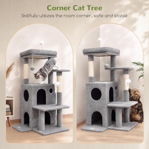 Globlazer Cat Tree Tower for Indoor Cats, 50-inch Adult Cat Tree House for Large Adult Cats with Steps, Scratching Post, 2 Cat Caves, Dangling Toys, FC50, Light Grey - Image 2
