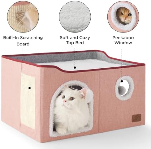 Bedsure Extra Wide Cat House Bed with Fluffy Ball and Scratch Pad,Pink - Image 5