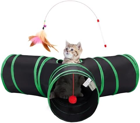 Tempcore Cat Tunnel, 3-Way Collapsible Toy for Indoor Cats, Black & Green by Tempcore