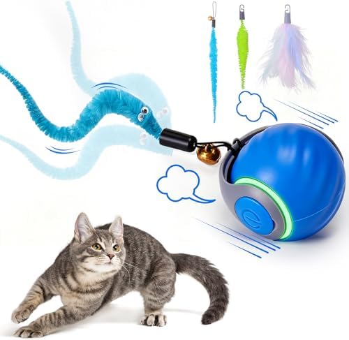 BABORUI Interactive Cat Toy Ball - Automatic Interactive Cat Toys for Indoor Cats with 3 Tails, 2 Speeds Rechargeable Cat Enrichment Toys for Small/Medium/Large Cats to Keep Them Busy(Blue) by BABORUI