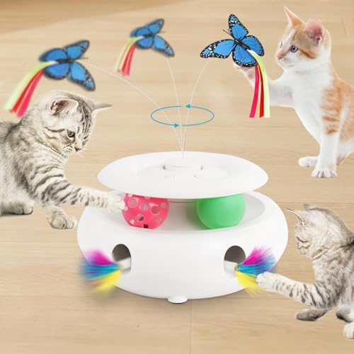 Cat Toys for Indoor Cats, 3-in-1 Interactive Cat Toy Automatic Kitten Toys with Fluttering Butterfly, Ambush Feather and Track Balls, Smart Sensor Wake-Up,USB Powered, Exercise & Boredom Relief by INKZOO