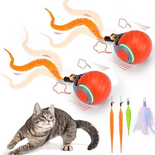 BABORUI 2Pack Orange Interactive Cat Toy Ball - Automatic Interactive Cat Toys for Indoor Cats with 3 Tails, 2 Speeds Rechargeable Enrichment for Small/Medium/Large to Keep Them Busy by BABORUI