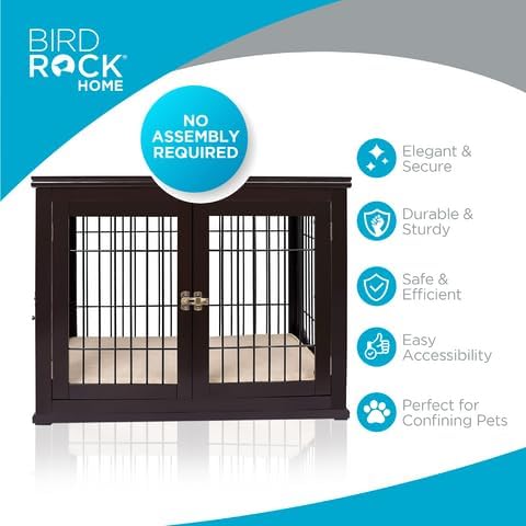 Internet's Best Decorative Dog Kennel with Pet Bed | Double Door | Wooden Wire Dog House | Large Indoor Pet Crate Side Table | Espresso
