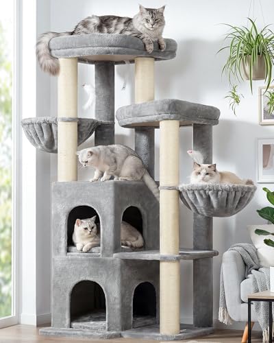 Globlazer Cat Tree Tower for Indoor Cats, Sturdy Adult Cat Tree House for Large Adult Cats with 2 Platform, 6 Cat Scratching Post, 2 Cat Caves, Dangling Toys, S63, 63 inch, Light Grey by Globlazer