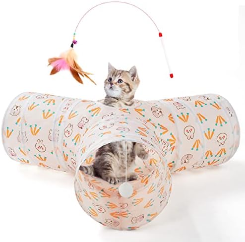 Tempcore Cat Tunnel, 3-Way Collapsible Toy for Indoor Cats, Pink Rabbit by Tempcore