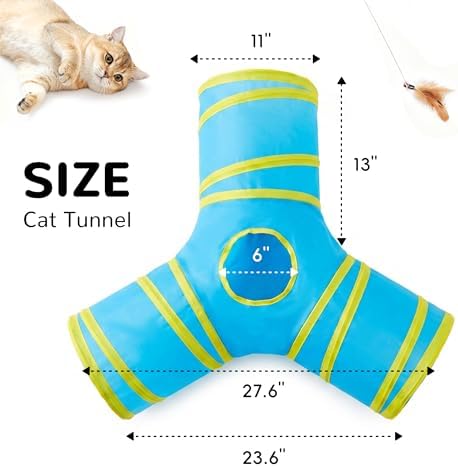 Tempcore Cat Tunnel, 3-Way Collapsible Toy for Indoor Cats, Blue & Yellow - Image 2