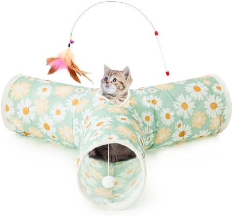 Tempcore Cat Tunnel, 3-Way Collapsible Toy, Large Size Daisy Green Printed by Tempcore