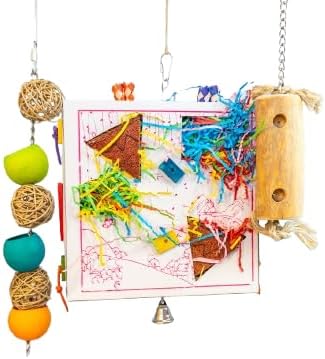 Foraging Toy Box for Birds (Set of 3 Large Toys) with a Bird Treat – Natural Chewing, Shredding & Enrichment Bird Toys for Parrots, Cockatiels, Conures, Parakeets & Lovebirds