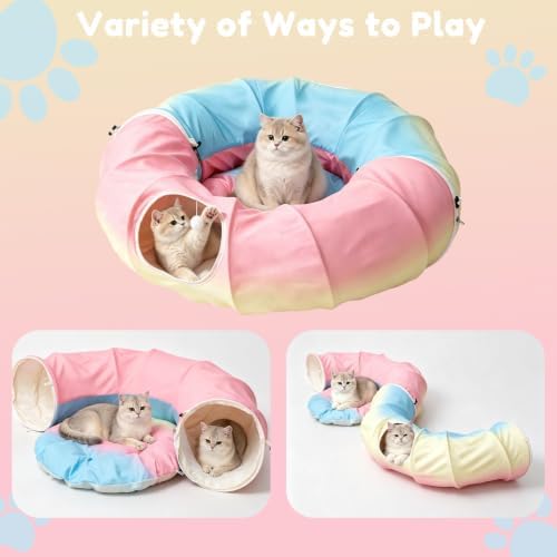 3-in-1 Cat Tunnel Bed Circular Hide Seek Cave Toy with Washable Mat Rainbow，Circular cat Tunnel Bed with Washable mats. Rainbow Color. Hide & Seek cave for Kittens, Puppies, Rabbits. Indoor Play nap. - Image 4