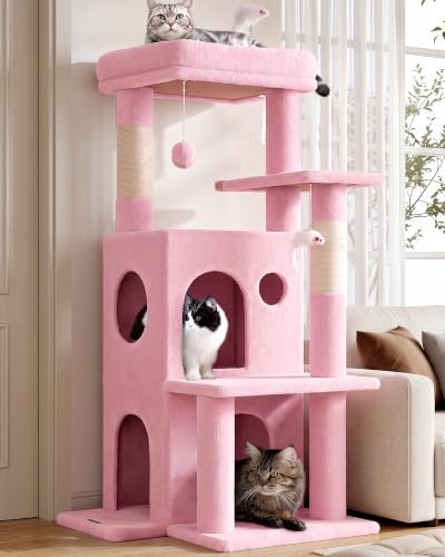 Globlazer Cat Tree Tower for Indoor Cats, 50-inch Adult Cat Tree House for Large Adult Cats with Steps, Scratching Post, 2 Cat Caves, Dangling Toys, FC50, Pink by Globlazer