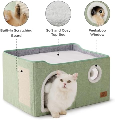 Bedsure Extra Wide Cat House Bed with Fluffy Ball and Scratch Pad,Green - Image 4