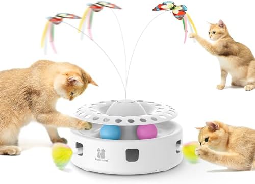 Potaroma Cat Toys 3in1 Automatic Interactive Kitten Toy, Fluttering Butterfly, Moving Feather, Track Balls, Dual Power Supplies, USB Powered, Indoor Exercise Kicker (Bright White) by Potaroma