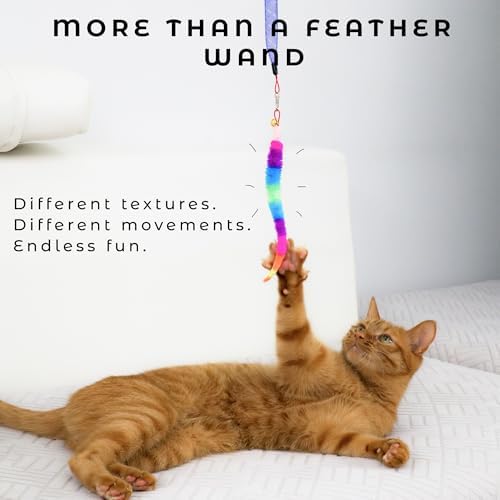 Cat Toys for Indoor Cats, Interactive Cat Wand Toy Set ?€? 2 Retractable Wands with Wooden Handles, 9 Refills (Feathers & Worms) ?€? 2 Mesh Tube Strings & 1 Elastic String for Cats and Kittens - Image 2