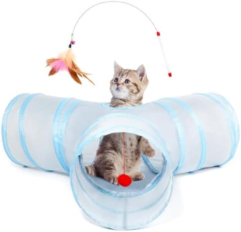 Tempcore Cat Tunnel, 3-Way Collapsible Toy for Indoor Cats, Grey & Blue by Tempcore