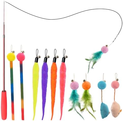 Cat Toys for Indoor Cats, 11 Packs Interactive Cat Wand Toy Set with Feather Toys&Ribbon Refills,Retractable Cat Wand with Bell Refills for Kittens Play and Exercise by YULOYI