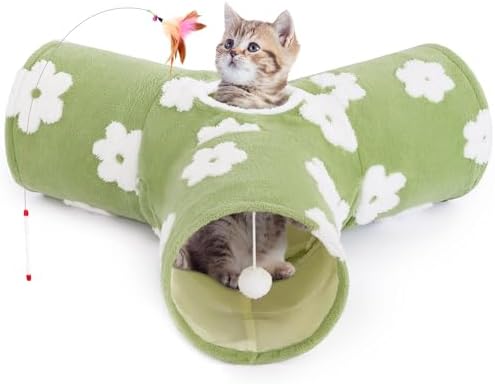 Tempcore Cat Tunnel, 3-Way Collapsible Toy for Indoor Cats, Daisy Green by Tempcore