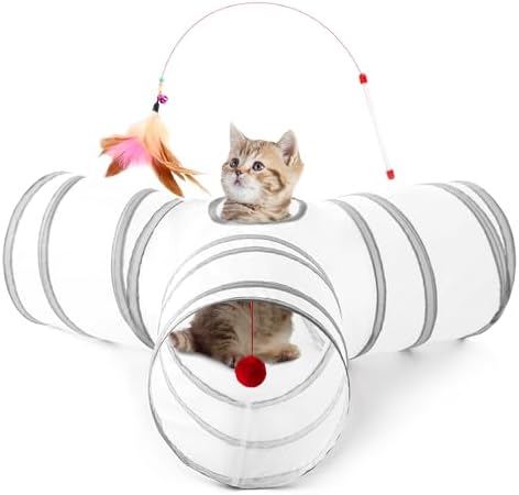 Tempcore Cat Tunnel, 3-Way Collapsible Toy for Indoor Cats, White & Grey by Tempcore