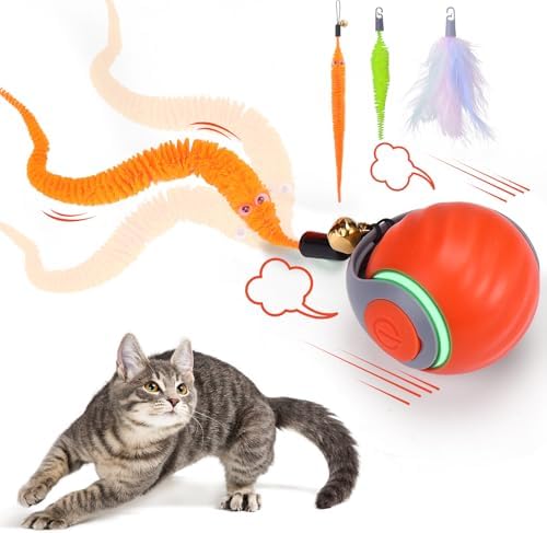 BABORUI Interactive Cat Toy Ball - Automatic Interactive Cat Toys for Indoor Cats with 3 Tails, 2 Speeds Rechargeable Enrichment Toys for Small/Medium/Large to Keep Them Busy (Orange) by BABORUI