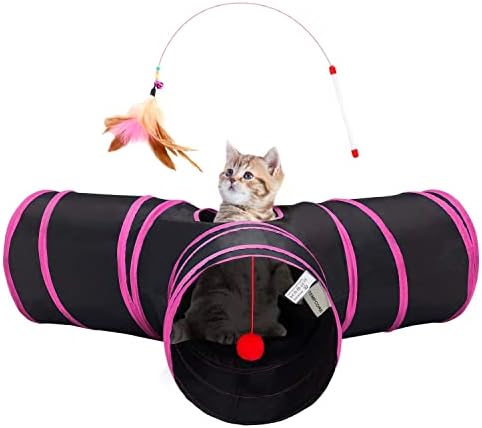 Tempcore Cat Tunnel, 3-Way Collapsible Toy for Indoor Cats, Black & Red by Tempcore