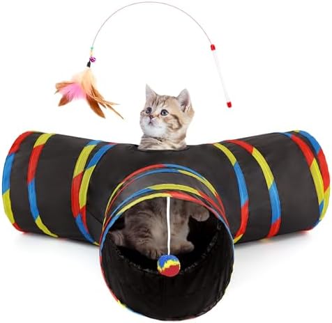 Tempcore Cat Tunnel, 3-Way Collapsible Toy for Indoor Cats, Black & Rainbow by Tempcore