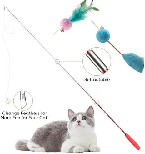 Cat Toys for Indoor Cats, 11 Packs Interactive Cat Wand Toy Set with Feather Toys&Ribbon Refills,Retractable Cat Wand with Bell Refills for Kittens Play and Exercise - Image 2