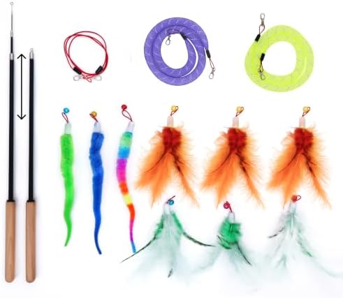 Cat Toys for Indoor Cats, Interactive Cat Wand Toy Set ?€? 2 Retractable Wands with Wooden Handles, 9 Refills (Feathers & Worms) ?€? 2 Mesh Tube Strings & 1 Elastic String for Cats and Kittens by Unknown
