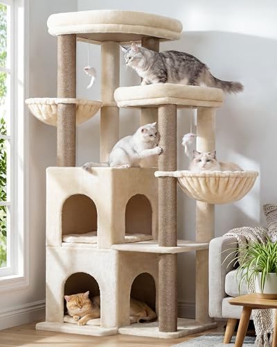 Globlazer Cat Tree Tower for Indoor Cats, Sturdy Adult Cat Tree House for Large Adult Cats with 2 Platform, 6 Cat Scratching Post, 2 Cat Caves, Dangling Toys, S63, 63 inch, Beige by Globlazer